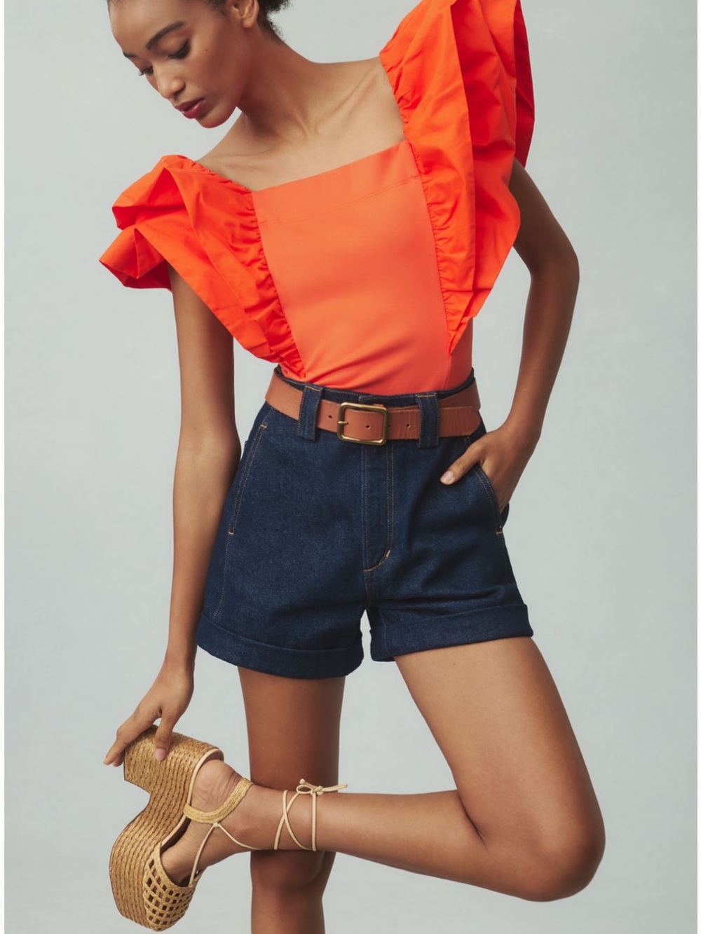 Anthropologie Vibrant Orange Ruffle-Sleeve Square-Neck Top